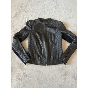 Trouve Leather Moto Jacket Houndstooth‎ Panels Quilted Sleeves Black Size XS